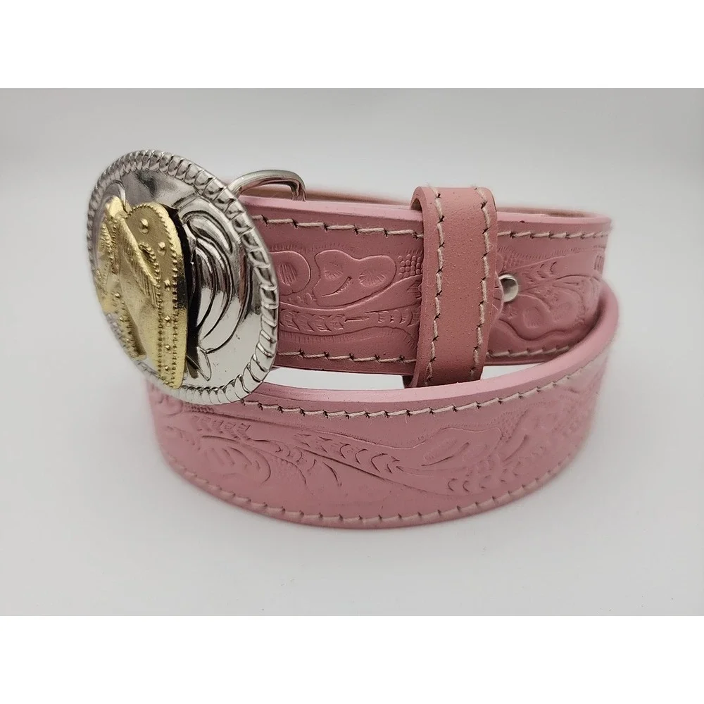 Nocona Belt Co Girls Pink Floral Tooled Leather Belt W/Horsehead Buckle 28